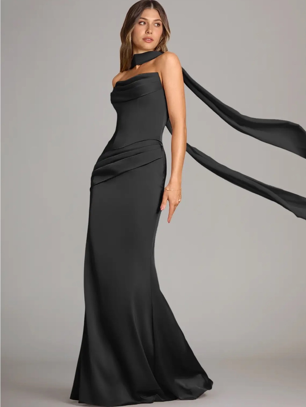 Azazie Sorrel Black Mermaid Strapless Stretch Satin Convertible Dress - Picture 7 of 9